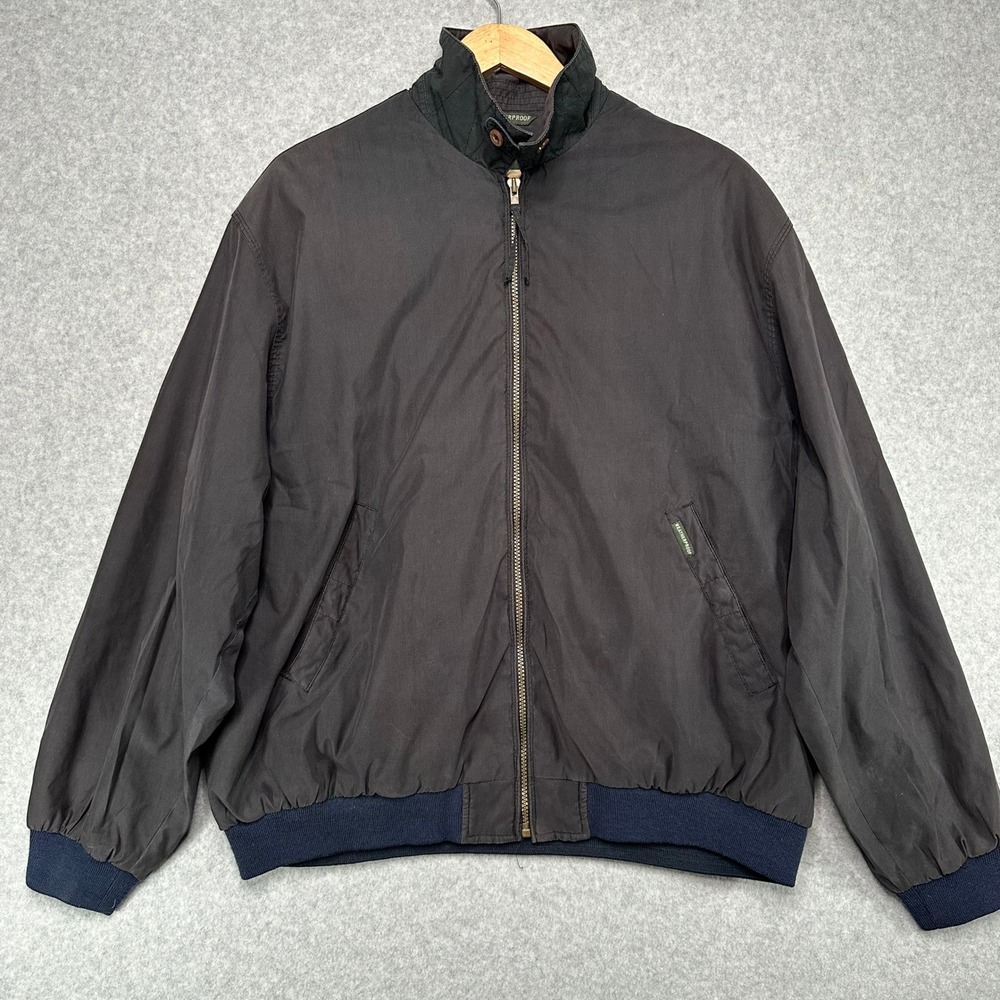 VTG WEATHERPROOF Mens Jacket XL Full Zip Gray Navy Blue Rib Knit Cuffs Collar